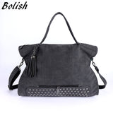 Bolish Rivet Nubuck Leather women bag Fashion Tassel Messenger Bag Vintage Shoulder Bag Larger Top-Handle Bags  Mummy Package